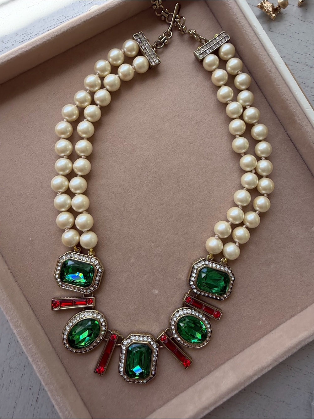 Classic Pearl Necklace with Green and Red Crystal Accents